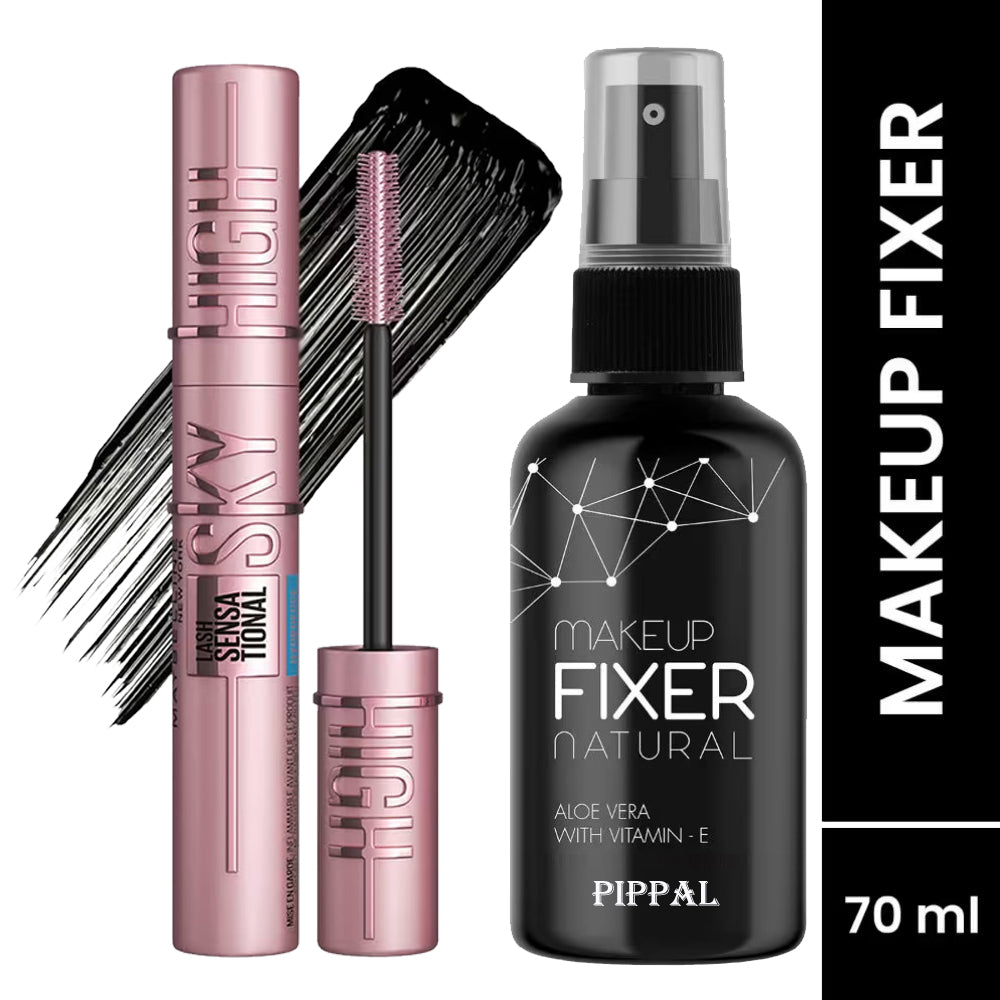 Pippal Beauty Makeup Fixer Natural Dewy Finish with Vitamin E And Aloe Vera Long-Lasting Hydrating & Refreshing Setting Spray 80ml (Pack of 1) with Sky High Supar Black Mscara