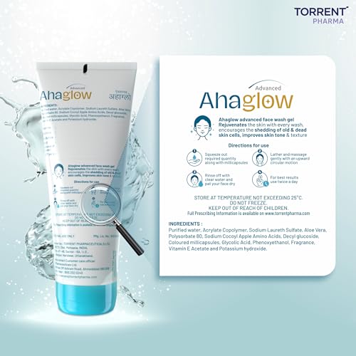 Ahaglow Advanced Face Wash Gel 200g with AHA(1% Glycolic Acid) Glow Bombs| Jojoba & Tea Tree Oil | Allantoin, Vitamin E & Oak bark Extract | No.1 Dermatologist Prescribed AHA Brand - By Torrent Pharma
