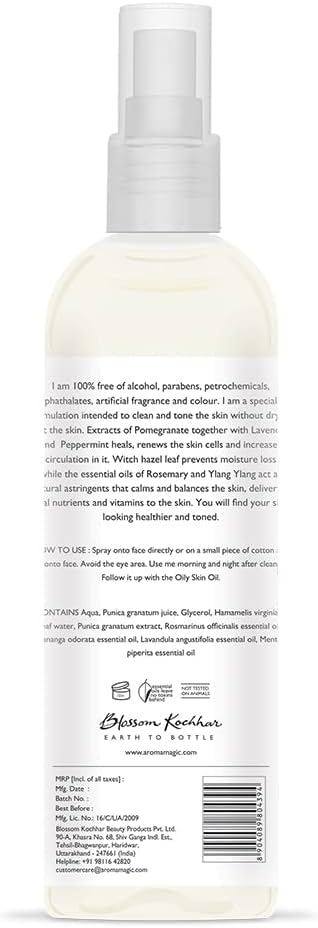 Aroma Magic Aromatic Skin Toner| Tightens Pores & revives skin| Alcohol Free| with Pomegranate, Lavender & Peppermint Extracts| Hydrates, Tones & Balances |Oily Skin Type|100ml