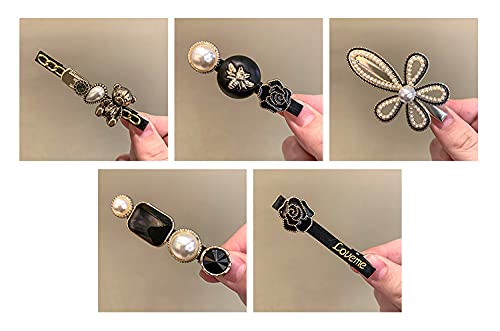 ANNACREATIONS 5 Pcs Premium Korean Stylish Hair Clips Set for Women and Girls, Elegant Pearl and Black Gold Decorative Hairpins, Fashion Barrette Hair Accessories