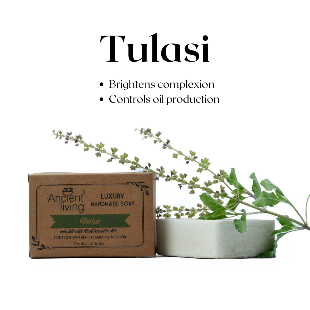 Ancient Living Organic & Natural Soaps Daily Bath Needs with Cold Pressed Oils (Handmade) - 100 gm each Kasturi Turmeric for Radiance Multani Mitti for Anti Aging Tulasi for Cleansing