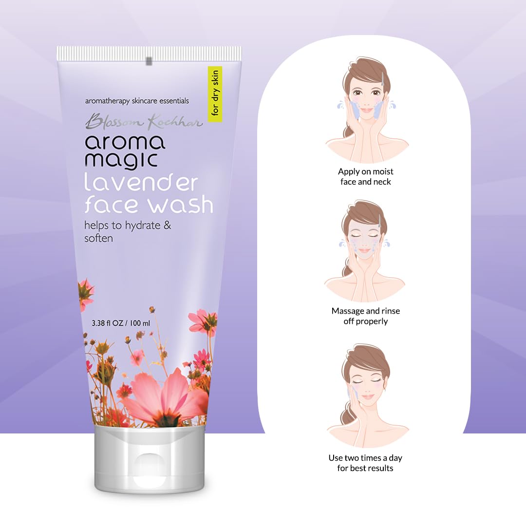 Aroma Magic Lavender Face Wash | Hydrates & Softens Skin | with Orange Extracts & Rose Essential Oil | Dry Skin 100ml | Pack Of 1