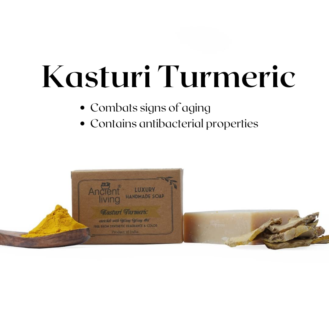 Ancient Living Organic & Natural Soaps Daily Bath Needs with Cold Pressed Oils (Handmade) - 100 gm each Kasturi Turmeric for Radiance Multani Mitti for Anti Aging Tulasi for Cleansing