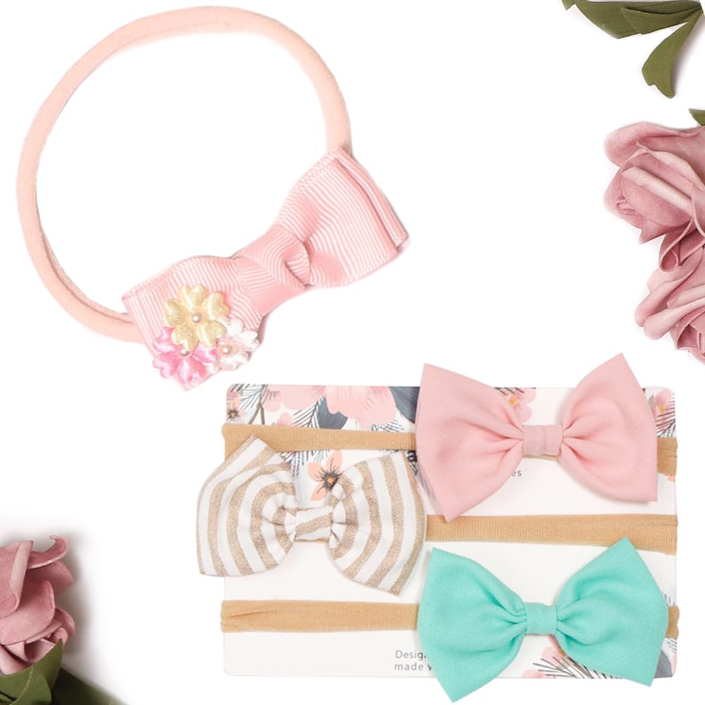 ANZAILALA 4pcs Flower Headbands Elastic Floral Hair Band, Bows Wrap Headband for Baby Girls, Infants and Newborns - Multicolor