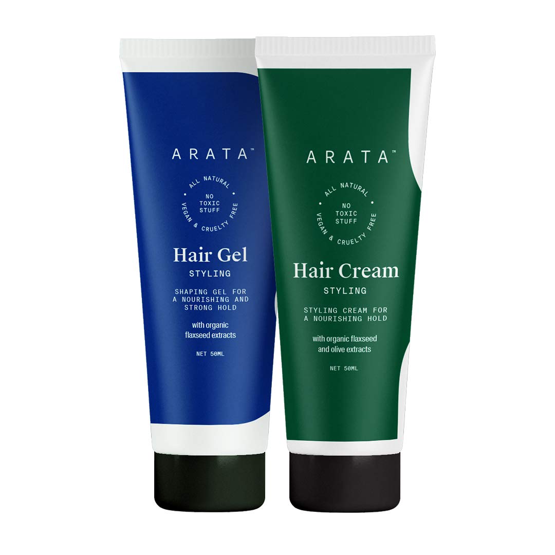 Arata Styling Combo of 2 - Hair Cream (50 ML) & Styling Hair Gel (50 ML) | For Glossy & Matte Looks | Soft & Strong Hold | Defined, Frizz-Free Hair | Adds Texture & Boosts Moisture | For All Hair Types