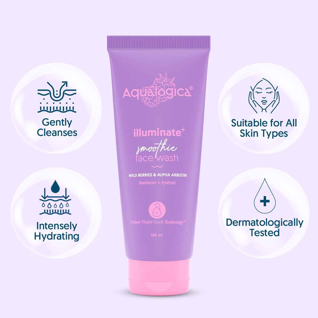 Aqualogica illuminate+ Smoothie Face Wash with Wild Berries & Alpha Arbutin for Gently Exfoliates & Hydrates Skin | For Glowing, Combination & Dry Skin -100ml