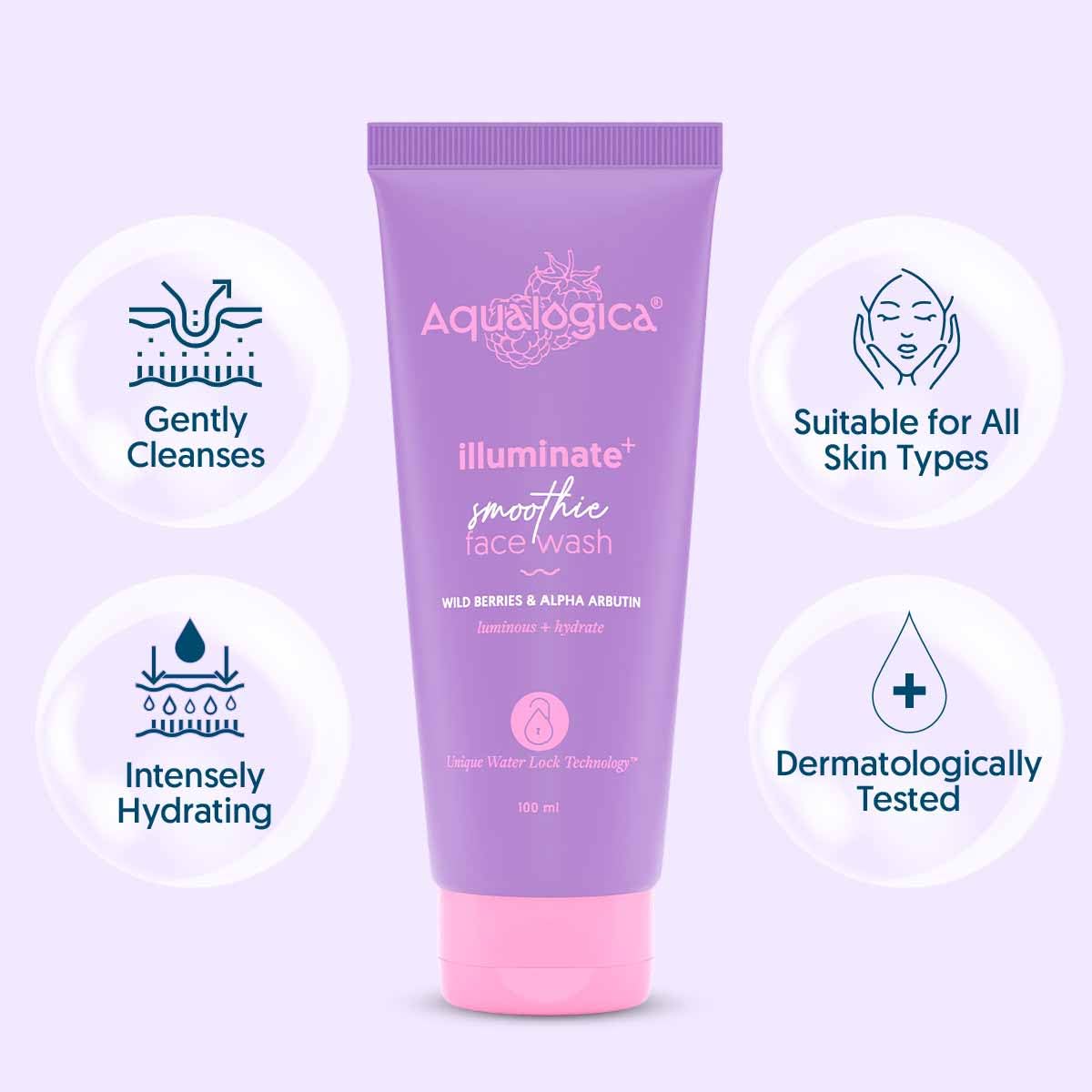 Aqualogica illuminate+ Smoothie Face Wash with Wild Berries & Alpha Arbutin for Gently Exfoliates & Hydrates Skin | For Glowing, Combination & Dry Skin -100ml