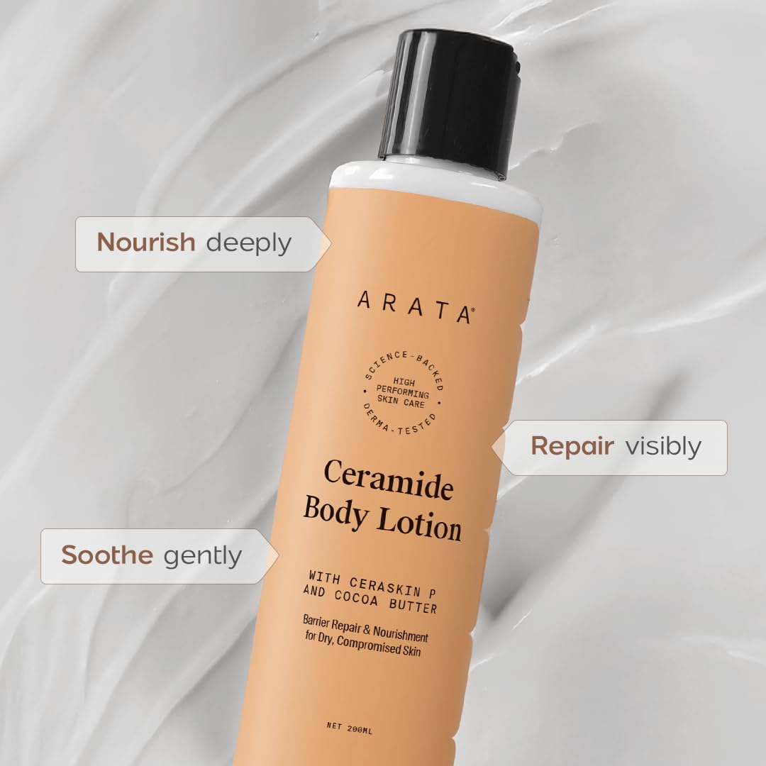 Arata Ceramide Body Lotion for Winter Dry Skin | Exfoliates Dead Skin | Non-Greasy Formula with Long-Lasting Hydration | Deep Nourishment with Shea Butter & Cocoa Butter | For Men & Women (200ml)