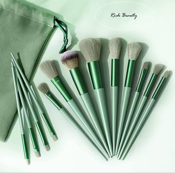 13-Piece Makeup Brush Set – Synthetic Bristles, Soft and Durable with Travel Pouch, Ideal for Blending, and Highlighting, green