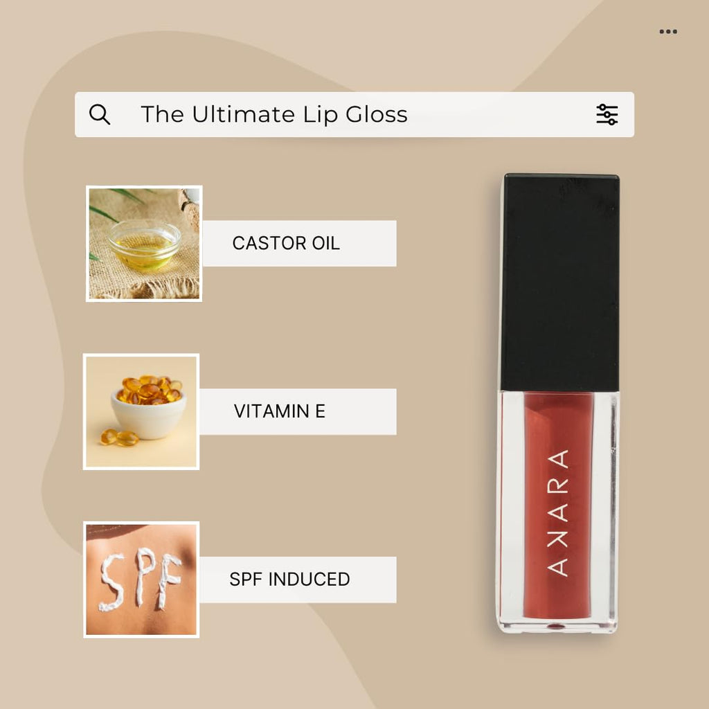 Gloss à lèvres Akara Hi-dra Shine pour femmes | Hydratant et ultra-brillant | Texture légère | Non collant | Enrichi en vitamine E, huile de ricin et protection solaire | Teinte au choix (Auburn) - 5 ml