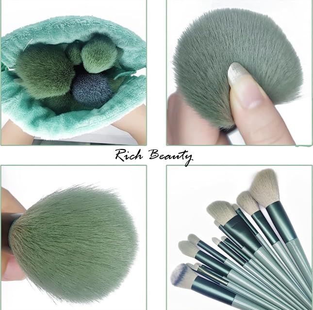 13-Piece Makeup Brush Set – Synthetic Bristles, Soft and Durable with Travel Pouch, Ideal for Blending, and Highlighting, green