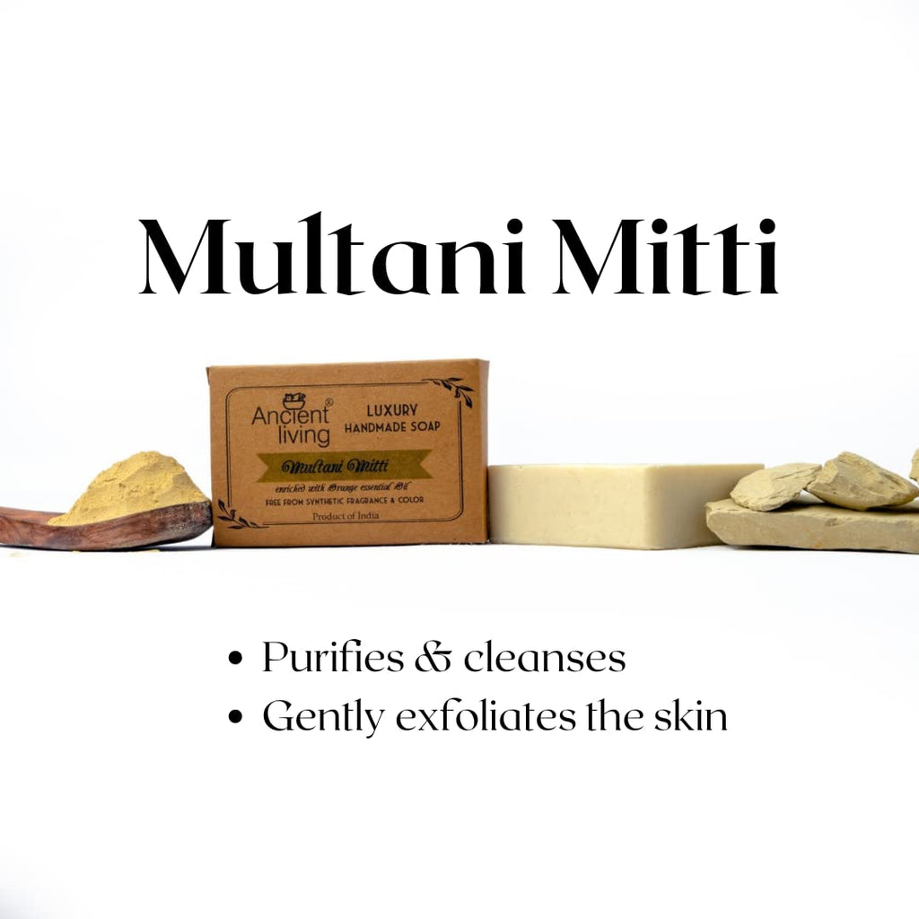 Ancient Living Organic & Natural Soaps Daily Bath Needs with Cold Pressed Oils (Handmade) - 100 gm each Kasturi Turmeric for Radiance Multani Mitti for Anti Aging Tulasi for Cleansing