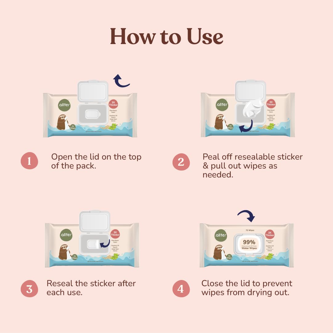 .allter 99% Pure Water Baby Wipes, Wet Wipes for New Born Baby| Moisturising,100% Plant Based & Organic, Enriched with Oats & Grapeseed Extract| 72 Wipes x 3 Packs