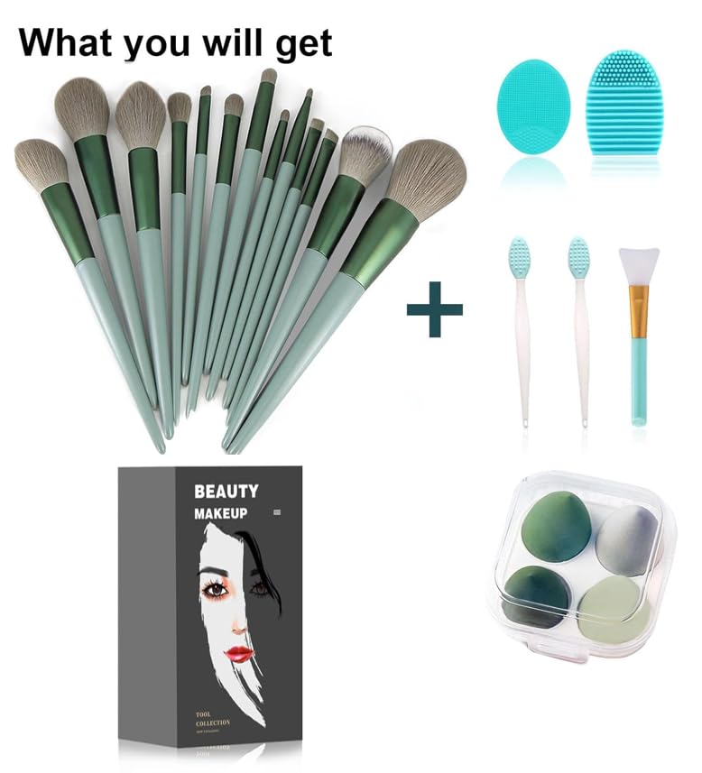 23 Pcs Makeup Brush Kit, Foundation Brush Eyeshadow Brush, Makeup Sponge Puff Set, Makeup Remover Pads (Green, 23 Piece Set) (23 set)