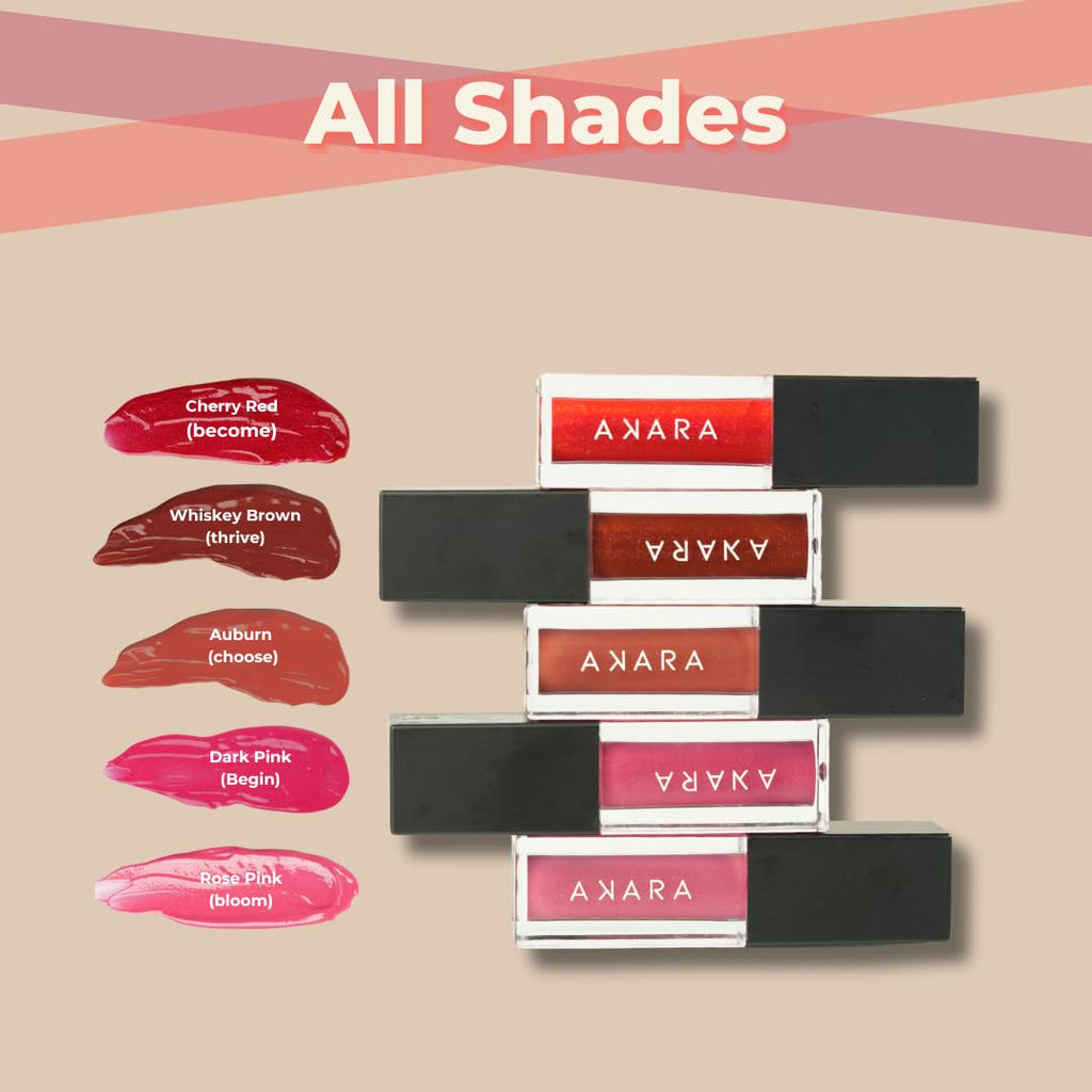 Gloss à lèvres Akara Hi-dra Shine pour femmes | Hydratant et ultra-brillant | Texture légère | Non collant | Enrichi en vitamine E, huile de ricin et protection solaire | Teinte au choix (Auburn) - 5 ml