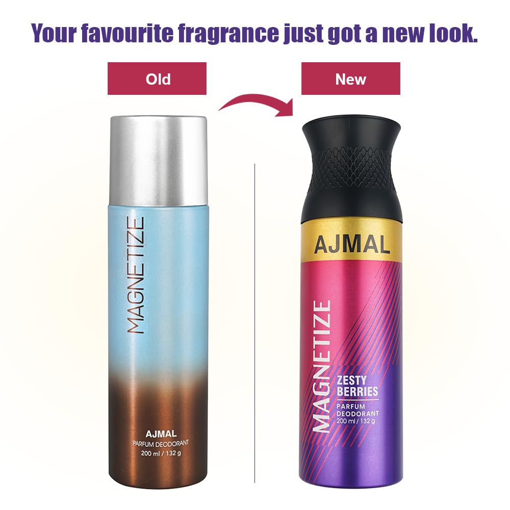 Déodorant spray AJMAL Magnetize, parfum boisé, 200 ml, pour homme et femme, usage quotidien + 2 testeurs de parfum offerts
