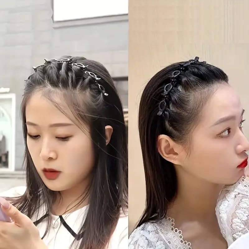 APSAMBR1 Pcs Double Layer Twist Plait Headband, Acrylic Double Bangs Hairpins Hairstyle Hairband Hair Tool with Alligator Clips for Girls and Women (Black)