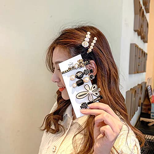 ANNACREATIONS 5 Pcs Premium Korean Stylish Hair Clips Set for Women and Girls, Elegant Pearl and Black Gold Decorative Hairpins, Fashion Barrette Hair Accessories