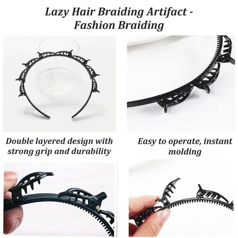 APSAMBR1 Pcs Double Layer Twist Plait Headband, Acrylic Double Bangs Hairpins Hairstyle Hairband Hair Tool with Alligator Clips for Girls and Women (Black)