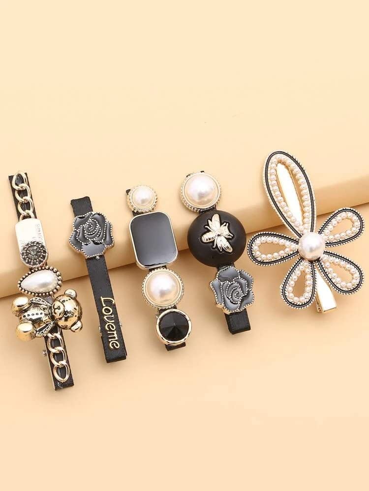 ANNACREATIONS 5 Pcs Premium Korean Stylish Hair Clips Set for Women and Girls, Elegant Pearl and Black Gold Decorative Hairpins, Fashion Barrette Hair Accessories