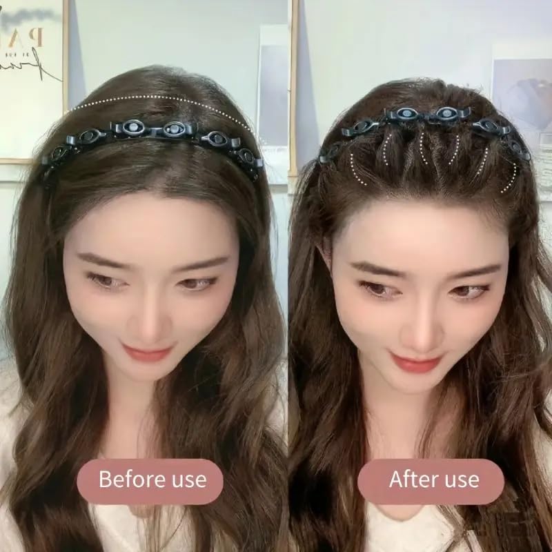 APSAMBR1 Pcs Double Layer Twist Plait Headband, Acrylic Double Bangs Hairpins Hairstyle Hairband Hair Tool with Alligator Clips for Girls and Women (Black)