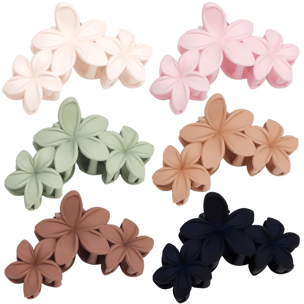 Ahoney 6PCS Flower Hair Clips for Women Strong Hold Nonslip, Big Flower Claw Clip for Thick Hair, Hawaiian Hibiscus Cute Hair Clips Beach Hair Accessories for Women Girls (Neutral)