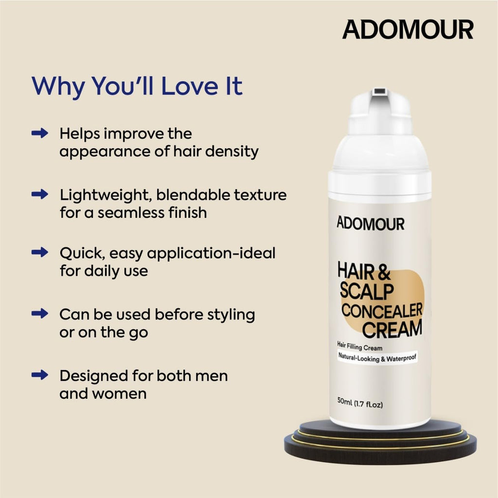ADOMOUR Hair & Scalp Concealer Cream, 50ml | Covers Grey Roots & Bald Spots Instantly | Sweat Resistant & Stain Proof 24 Hour Formula | Professional & Natural Looking Hair Coverage | For Men & Women