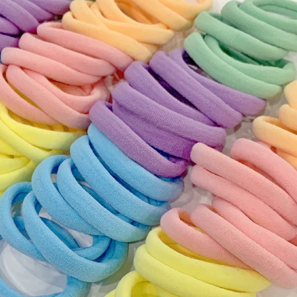 Lot de 120 grands élastiques à cheveux en coton sans couture, disponibles en 6 couleurs. Idéaux pour les cheveux épais, ils n'abîment pas les cheveux. Accessoires pour cheveux de filles.