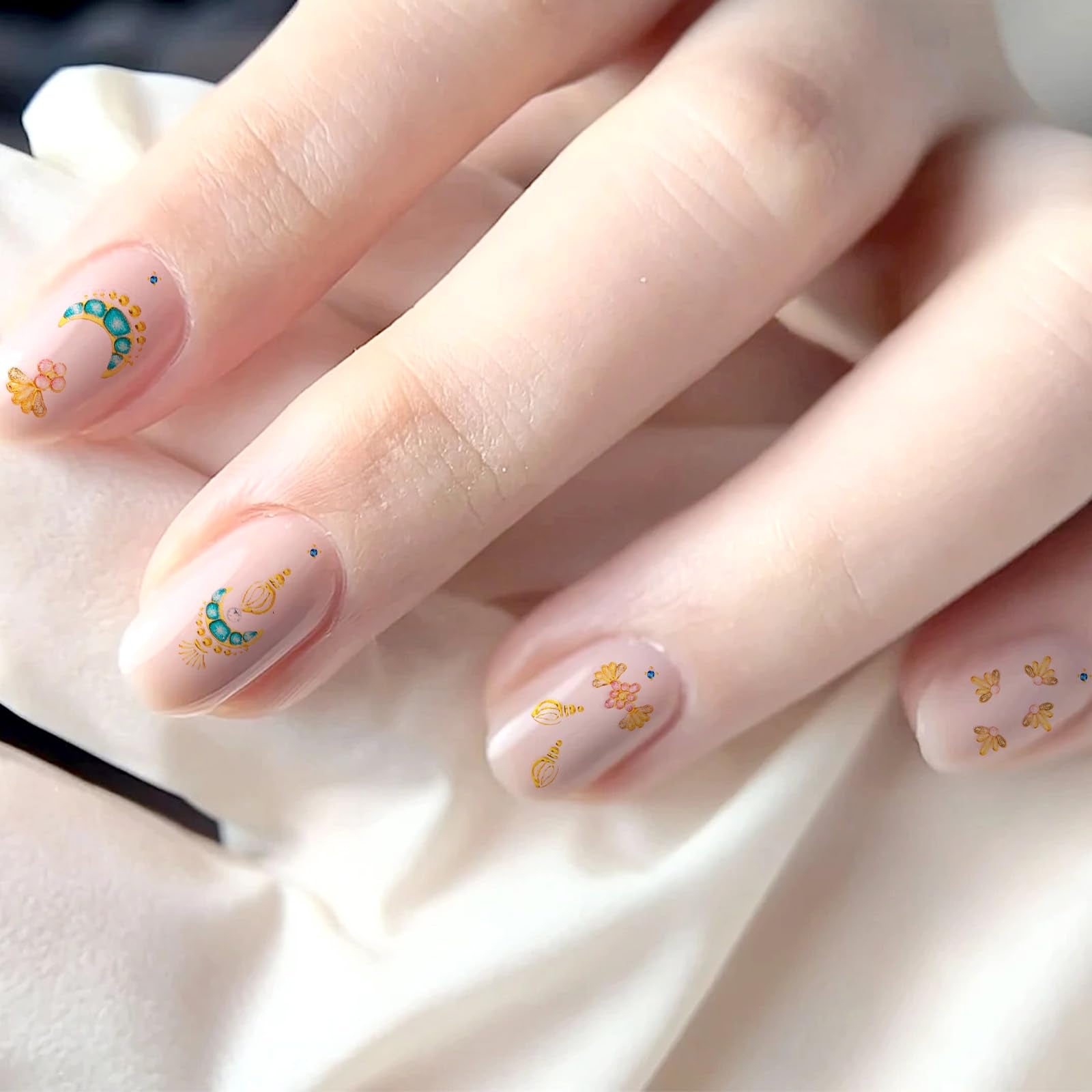 4pcs Sun and Moon Nail Stickers, 5D Embossed Gold Celestial Bohemian Beauty Nail Stickers Self-Adhesive Metallic Tribal Totem Design Manicure Art Fingernail Decoration for Women Girls