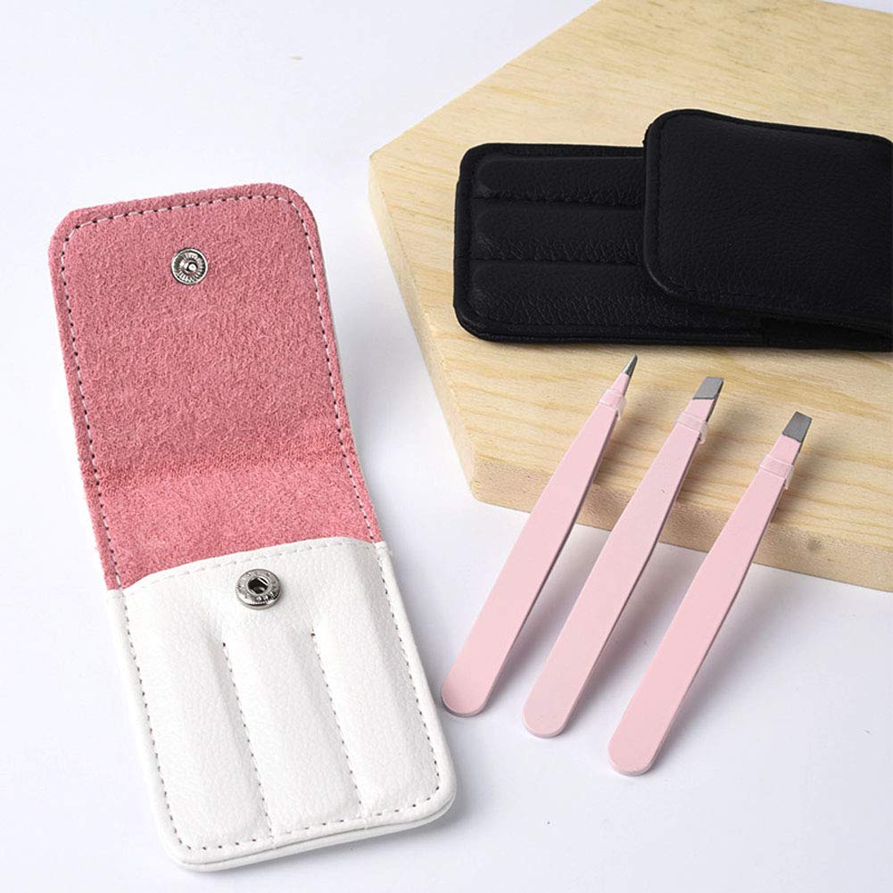 Ensemble de 3 pinces à épiler professionnelles en acier inoxydable pour sourcils, avec étui de voyage en cuir PU rose, pour femmes et filles.