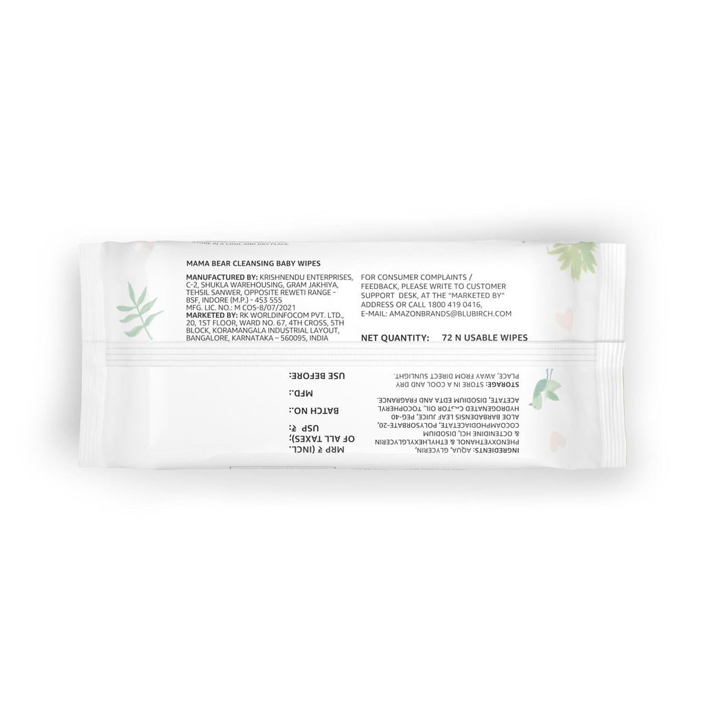 Amazon Brand - Mama Bear Cleansing Baby Wipes With Lid | 360 Wipes | 72 Wipes x 5 Packs | Dermatologically Tested | With Aloe Vera & Vitamin E | Alcohol-free | Paraben-free | Water-Based Formulation