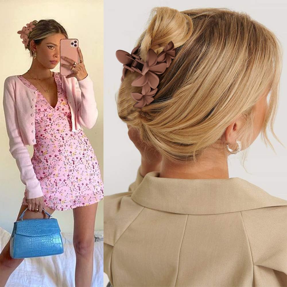 Ahoney 6PCS Flower Hair Clips for Women Strong Hold Nonslip, Big Flower Claw Clip for Thick Hair, Hawaiian Hibiscus Cute Hair Clips Beach Hair Accessories for Women Girls (Neutral)