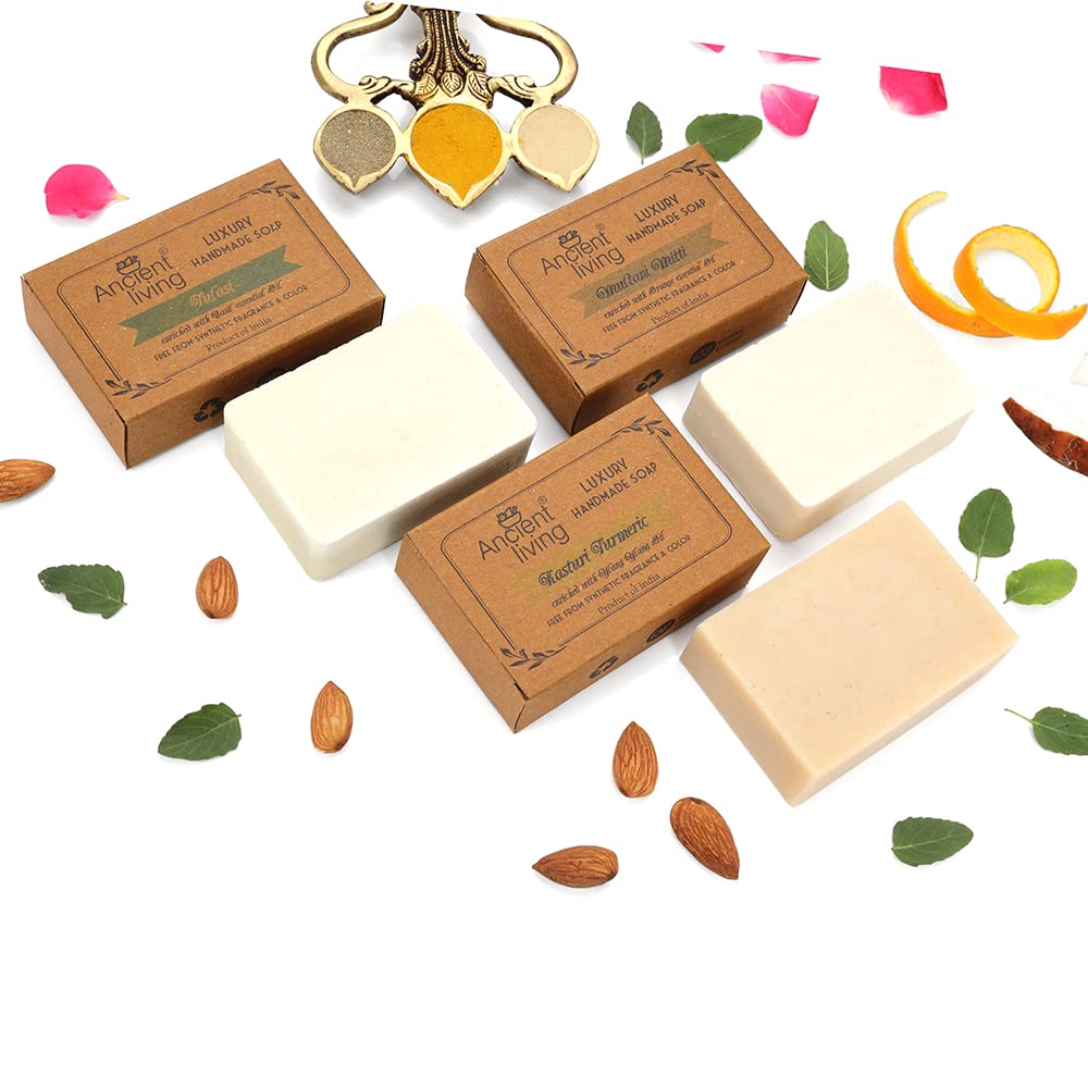 Ancient Living Organic & Natural Soaps Daily Bath Needs with Cold Pressed Oils (Handmade) - 100 gm each Kasturi Turmeric for Radiance Multani Mitti for Anti Aging Tulasi for Cleansing