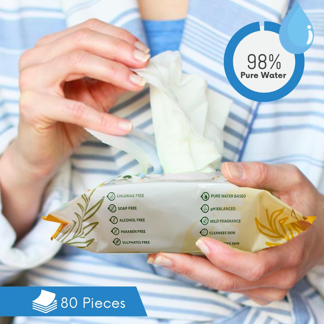 Adore Baby Water Wipes - 98% Paani Based Baby Wipes with Oat Extracts & Goodness of Aloe Vera & Vitamin E - 80 Count,Oats Wipes,Pack of 1