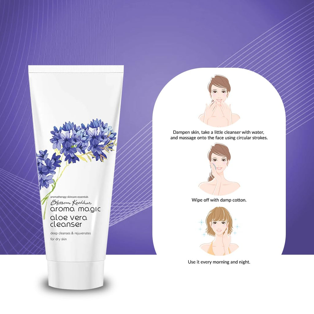 Aroma Magic Aloe Vera Cleanser | deeply cleanses & Rejuvenates skin while unclogging pores with Persian walnut seed, Damask rose essential oils, orange blossom extracts | For Dry Skin - 100 gm