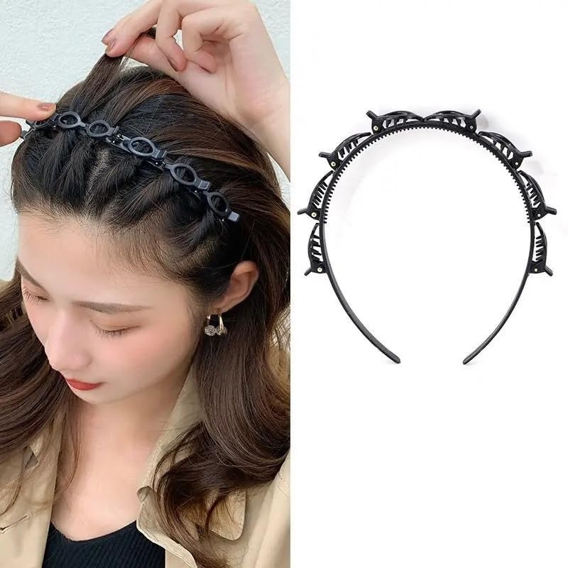 APSAMBR1 Pcs Double Layer Twist Plait Headband, Acrylic Double Bangs Hairpins Hairstyle Hairband Hair Tool with Alligator Clips for Girls and Women (Black)