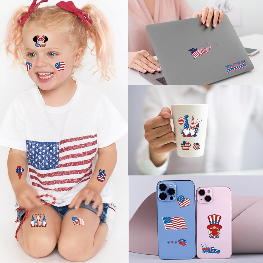 82 Pcs 4th of July Tattoos - Red, White, and Blue Fourth of July Temporary Tattoo Stickers for USA Party Favors, Independence Day, Memorial Day, Labor Day Decorations, and Patriotic Party Supplies