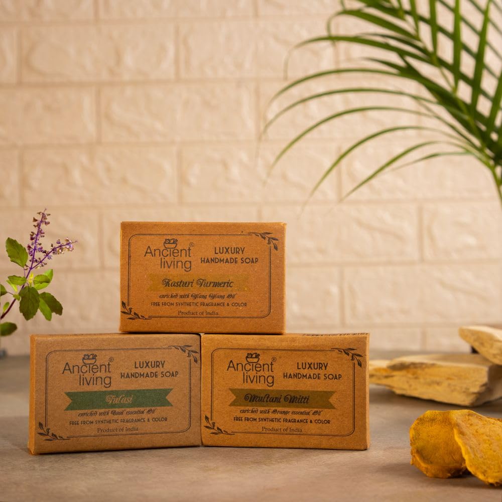 Ancient Living Organic & Natural Soaps Daily Bath Needs with Cold Pressed Oils (Handmade) - 100 gm each Kasturi Turmeric for Radiance Multani Mitti for Anti Aging Tulasi for Cleansing