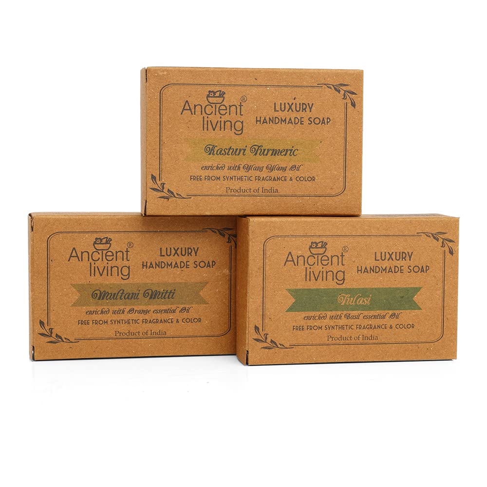 Ancient Living Organic & Natural Soaps Daily Bath Needs with Cold Pressed Oils (Handmade) - 100 gm each Kasturi Turmeric for Radiance Multani Mitti for Anti Aging Tulasi for Cleansing