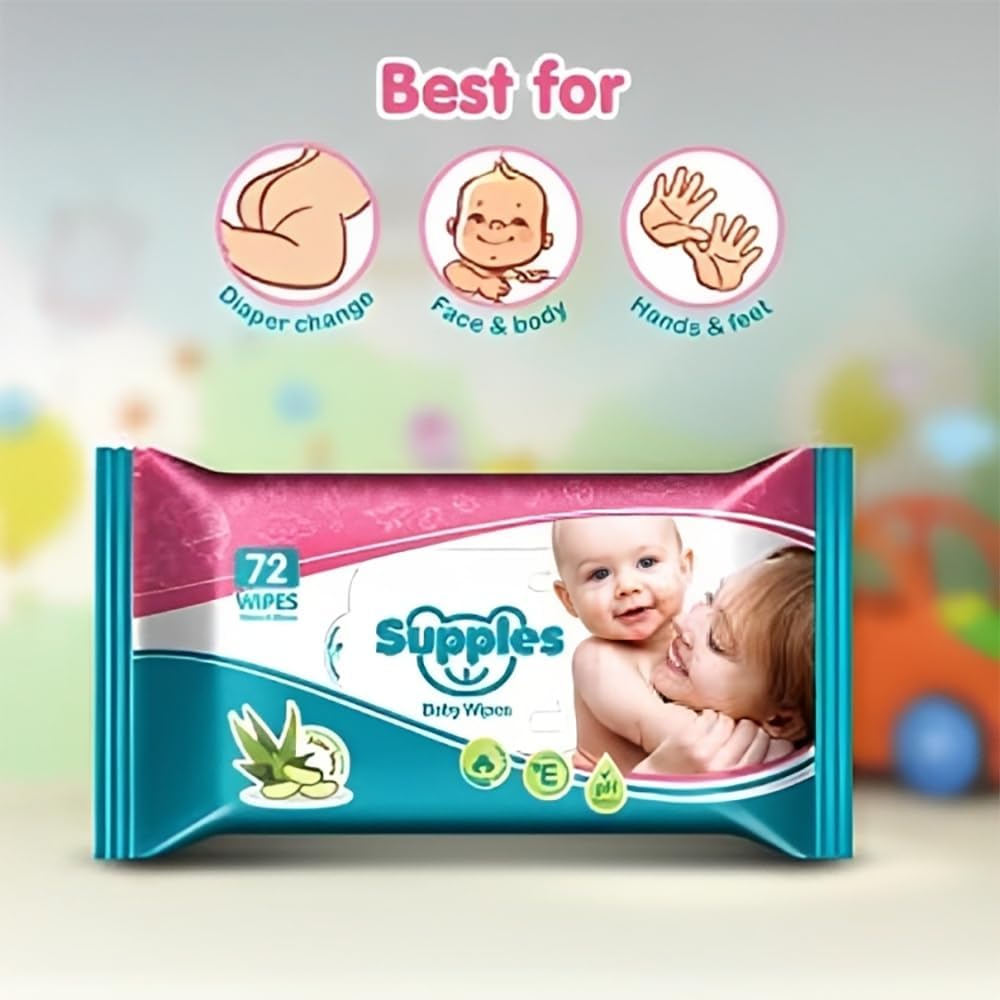 Amazon Brand - Supples Baby Wet Wipes | 432 Wipes | 72 Wipes x 6 Packs | Enriched With Aloe Vera and Vitamin E | Alcohol-Free and Paraben-Free | Pure Water-Based formulation