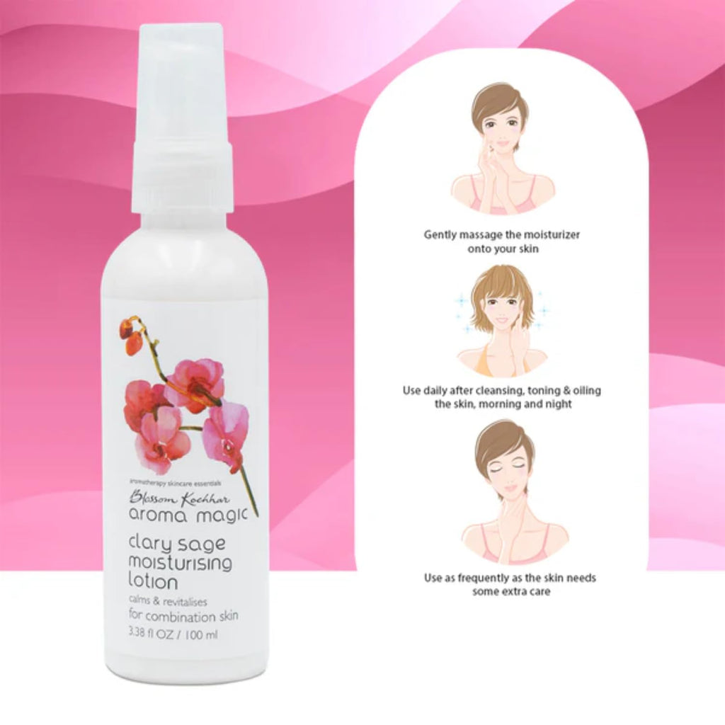 Aroma Magic Clary Sage Moisturising Lotion | Moisturizes, nourishes & revitalizes skin| Kokum butter, olive oil, lemongrass extracts, rosewood essential oils| for Combination Skin - 100ml