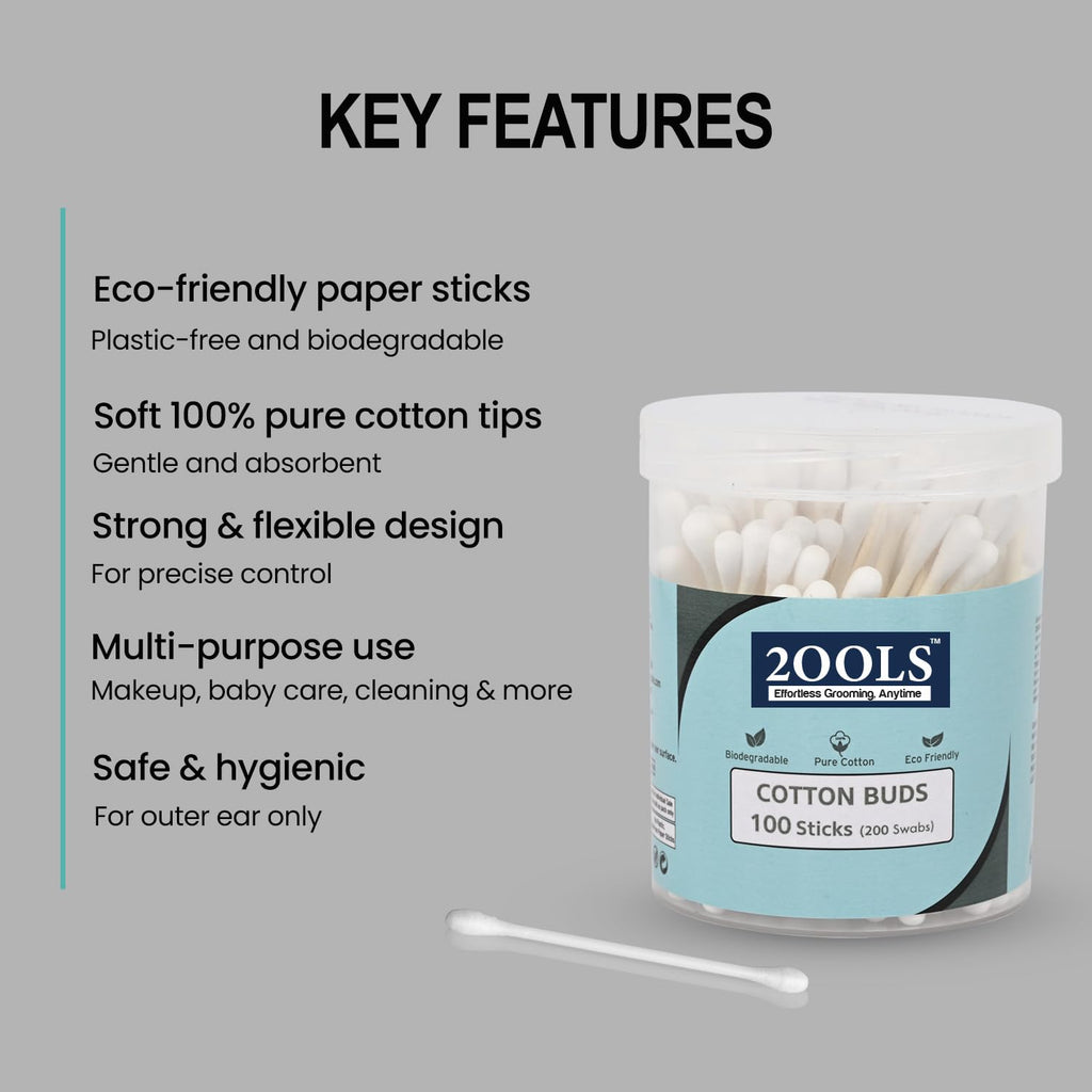 2ools Cotton Buds, Gentle Cotton Swabs for Personal Hygiene and Beauty - 100 Sticks (200 Swabs) (TSCS8001)