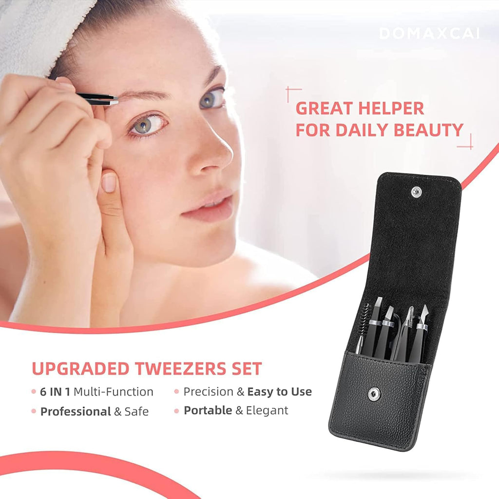 6PCS Professional Eyebrow Tweezers Set for Women and Men, Premium Stainless Steel Tweezer Kit, Best Tweezers Precision for Ingrown Hair, Facial Hair, Eyebrows Plucking