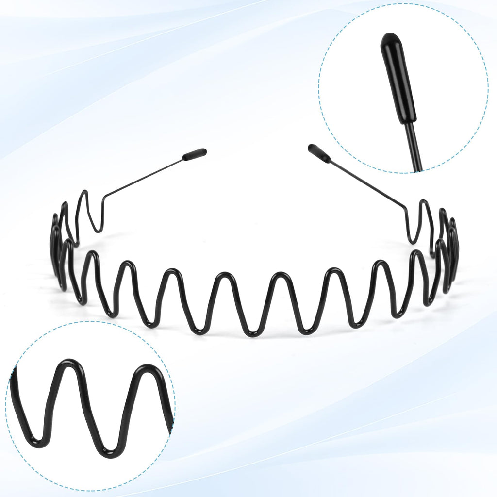 6PCS Metal Hair Bands, Spring Wavy Hair Hoop Unisex Black Wavy Headband Slicked Back Headband Non Slip Sports Hairband for Women Men