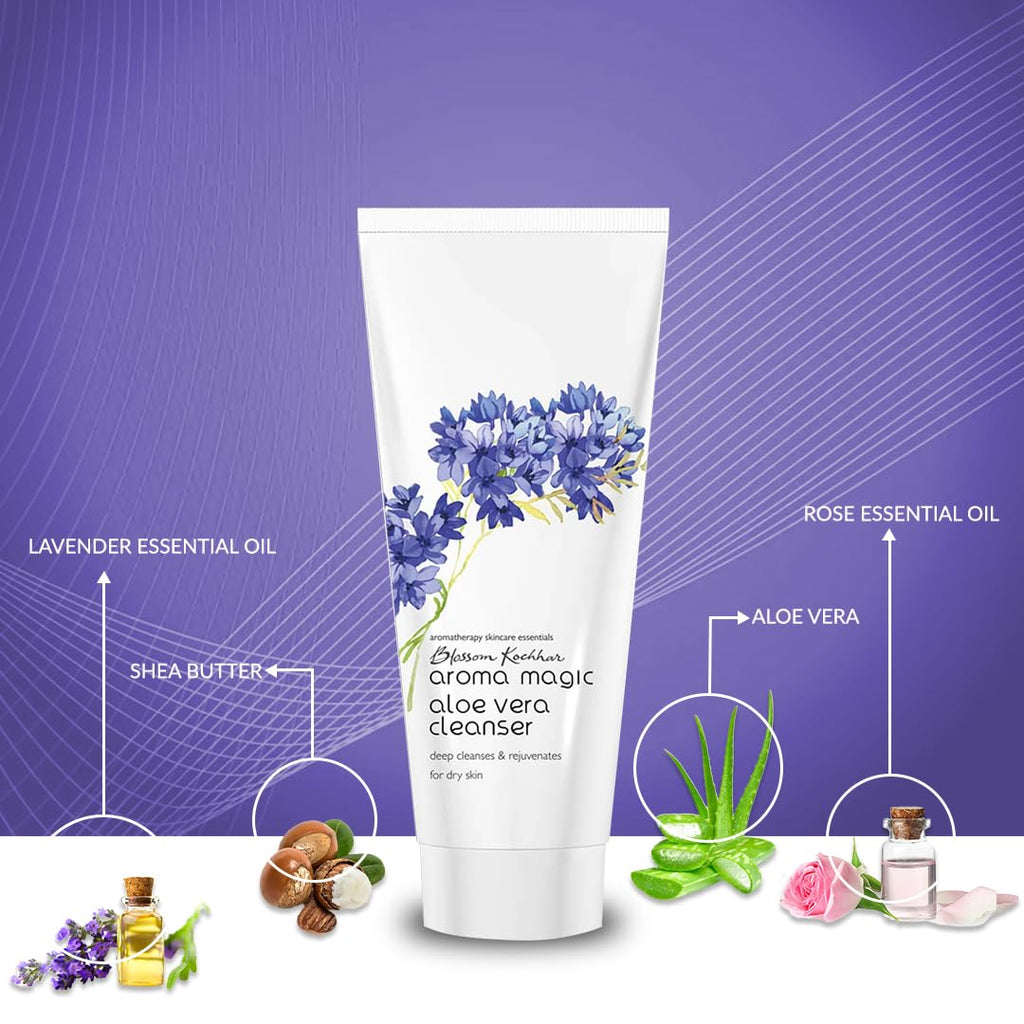 Aroma Magic Aloe Vera Cleanser | deeply cleanses & Rejuvenates skin while unclogging pores with Persian walnut seed, Damask rose essential oils, orange blossom extracts | For Dry Skin - 100 gm