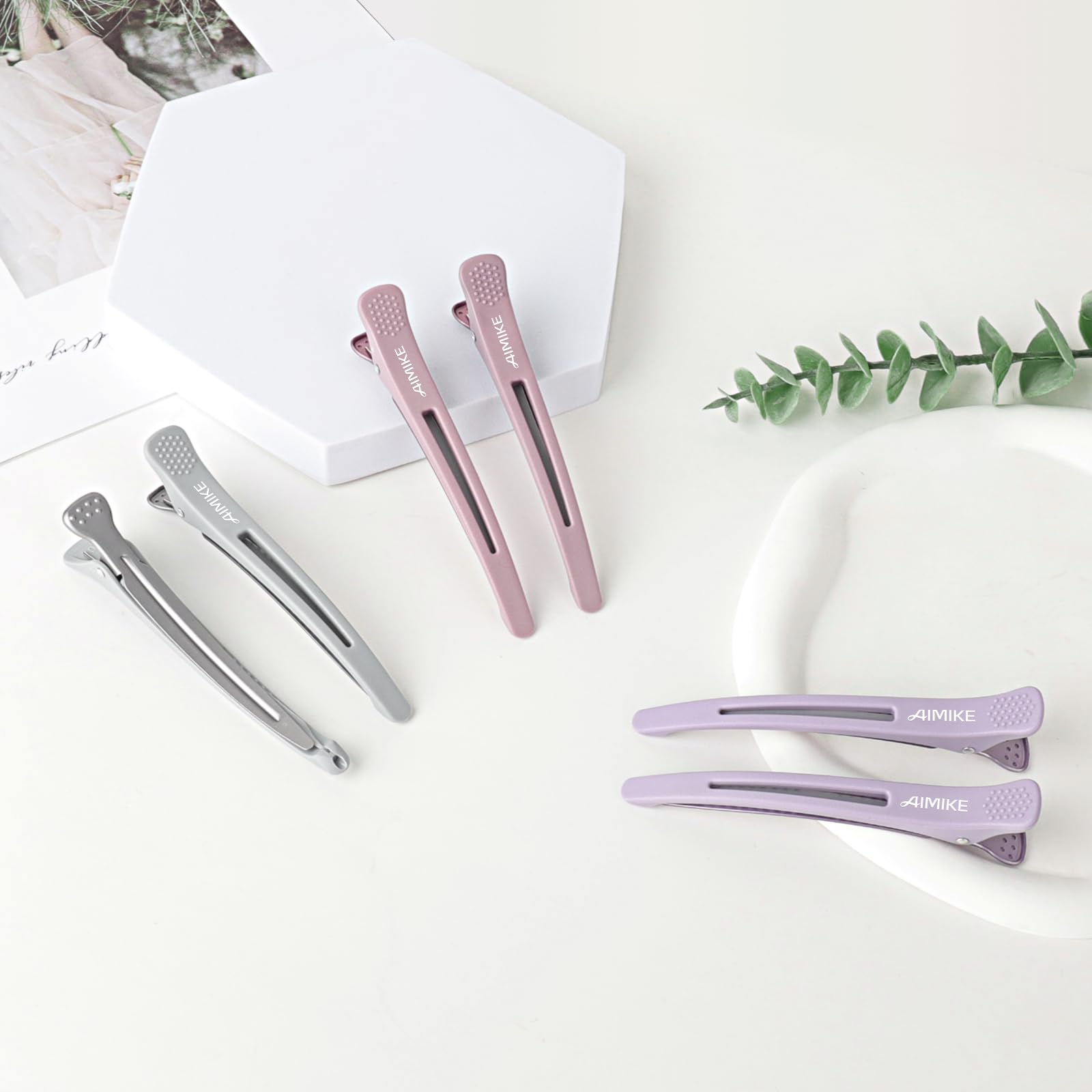 AIMIKE Hair Sectioning Clips with Silicone Band - 6pcs No Crease Duck Billed Clips for Styling, Cutting, and Rollers in Morandi Color