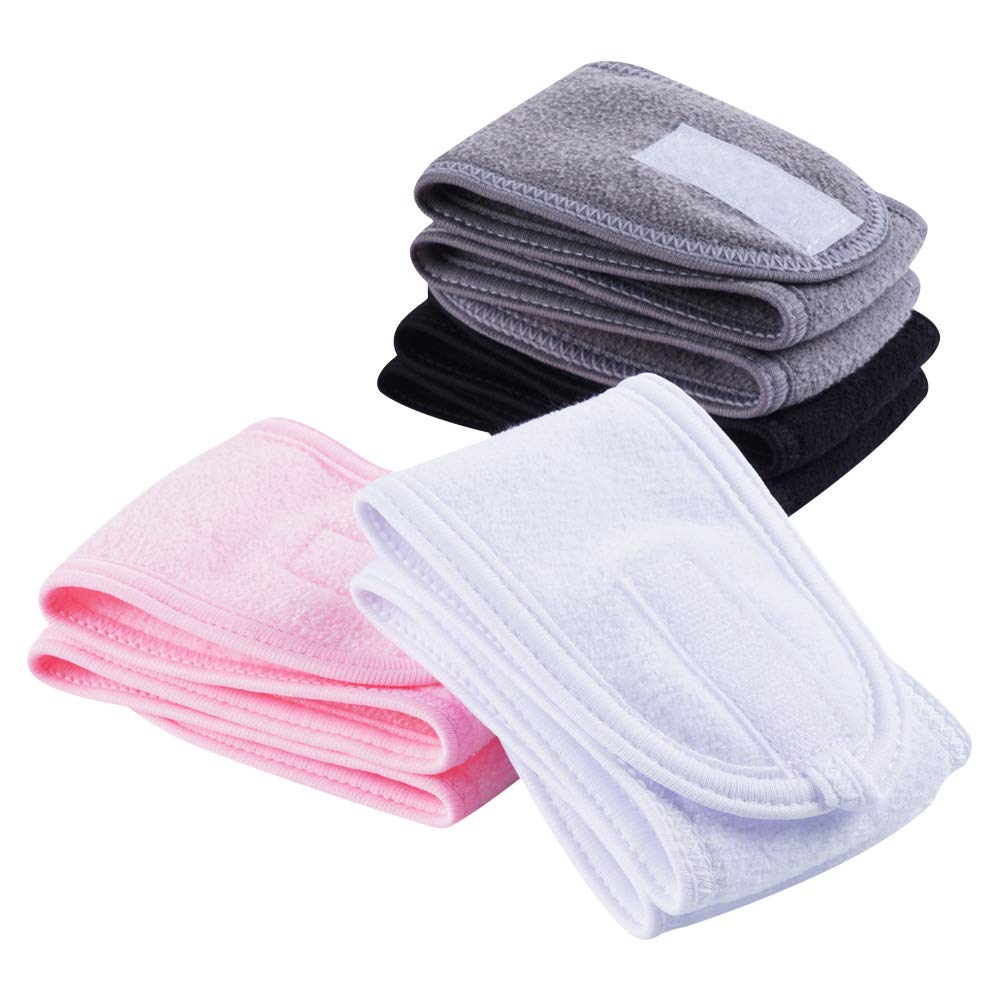 4 PCS Facial Spa Headbands(White, Black, Pink?Gray)? Makeup Shower Bath Wrap Sport Headband Terry Cloth Stretch Towel with Magic Tape