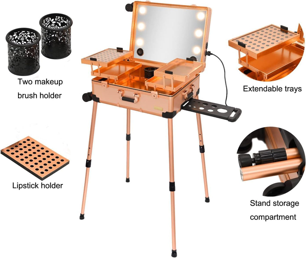 Adson Rolling Makeup Trolley Makeup Box Case Train Vanity Case Storage Hairdressing Organiser for Salon, Artist Aluminum Cosmetic Storage Organizer with Light and Mirror (Rose Gold)