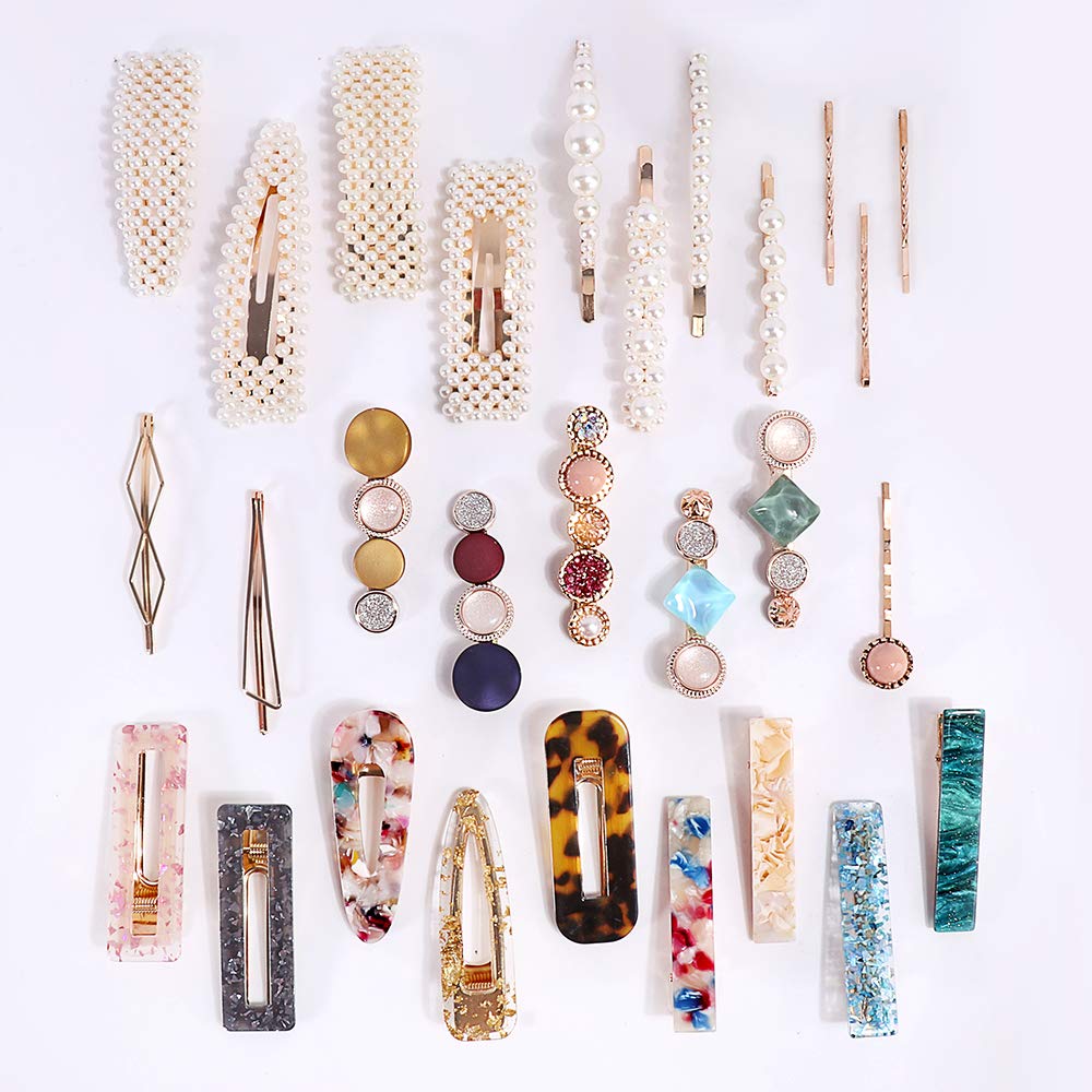28 PCS Hingwah Pearls and Acrylic Resin Hair Clips, Handmade Hair Barrettes, Marble Alligator bobby pins, Glitter Crystal Geometric Hairpin, Elegant Gold Hair Accessories, Gifts for Women Girls