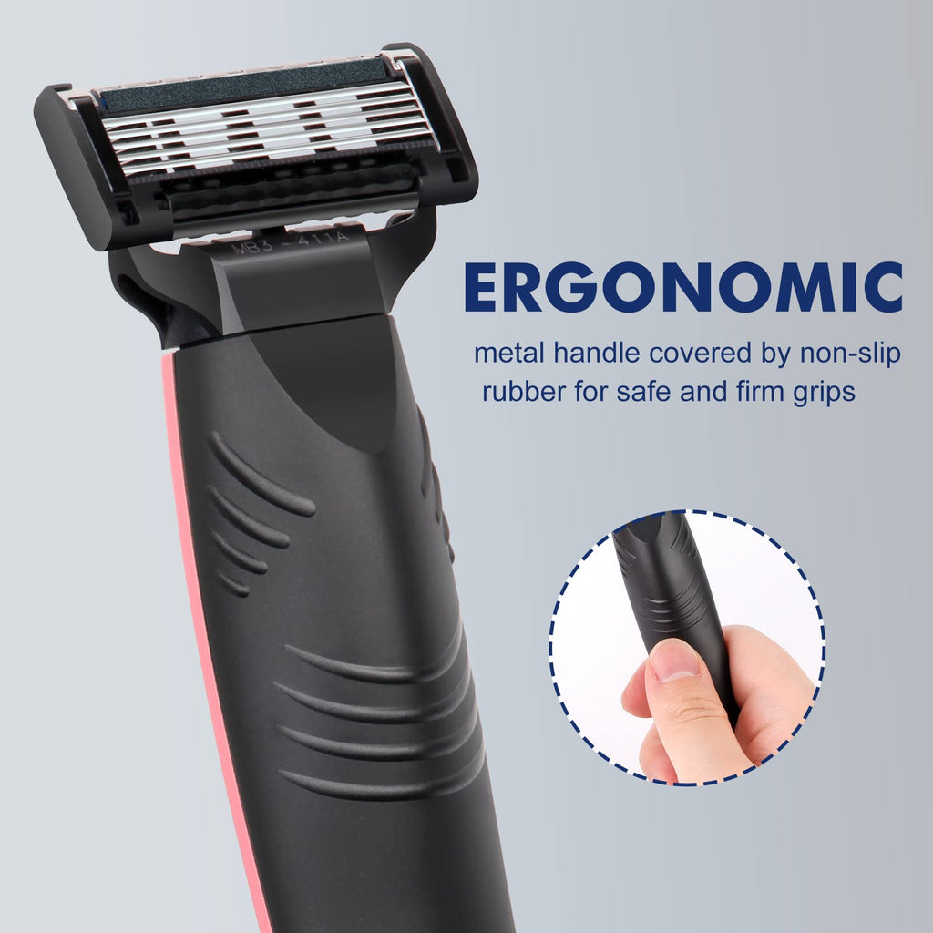 Arisson Razors for Men, Swedish 5 Blade Razor Kit-1 Ergonomic Handle, 4 Surgical-grade Sharp Blade Refills with Back Trimmer, 1 Shaving Gel, Moisture Strip with Vitamin E for Comfortable Shave (Pink)